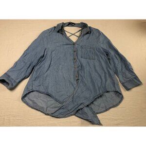Haute Monde 3/4 Sleeve Denim Style Women Blouse Size Small Open Back Button Tie